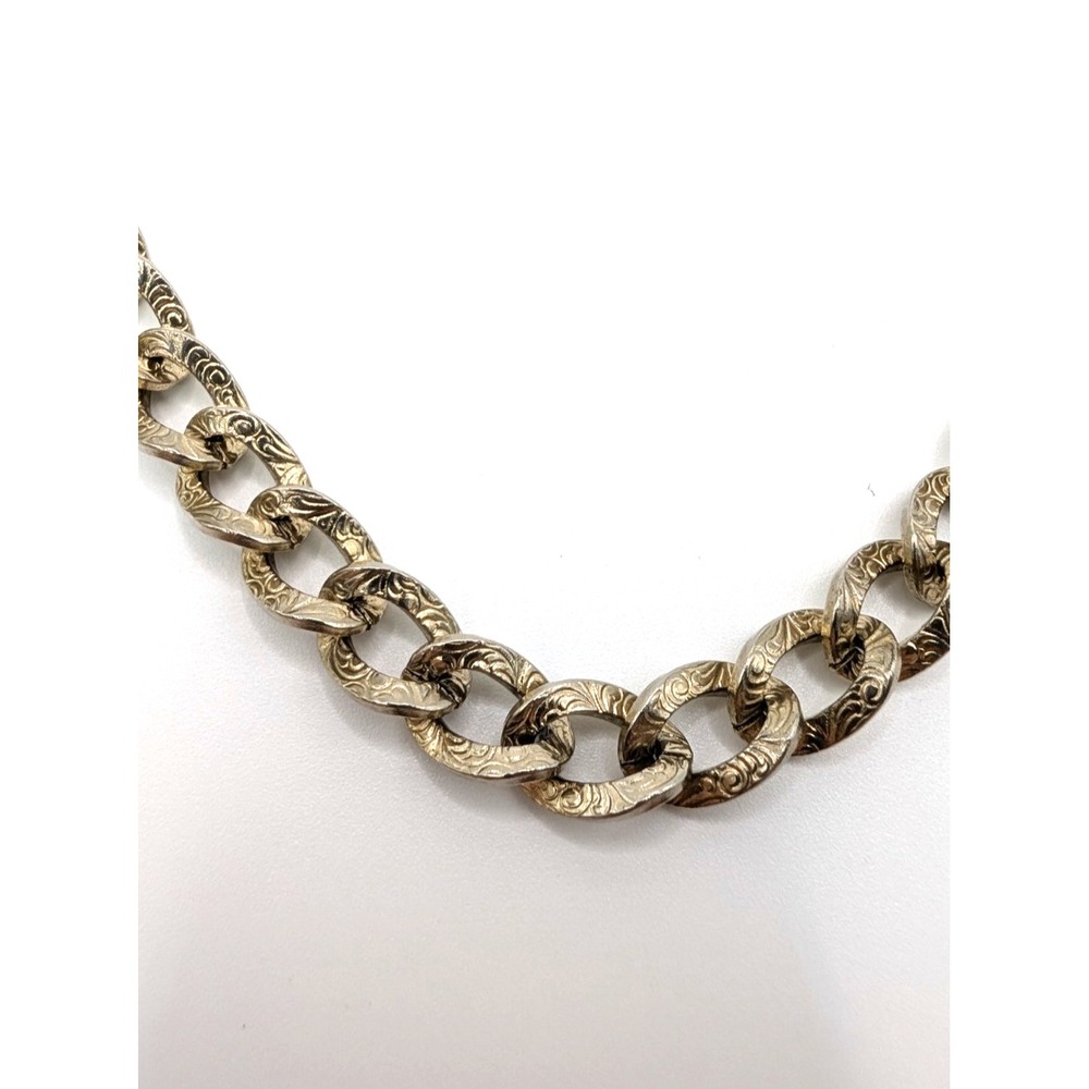 Vintage Silver Tone Engraved Curb Chain Necklace Textured Links 17 Inch